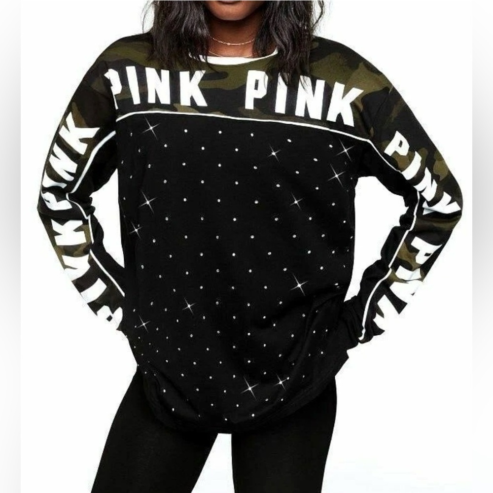 Victoria's Secret Pink Bling Camo Campus Rhinestone LS Tee Shirt Black Green